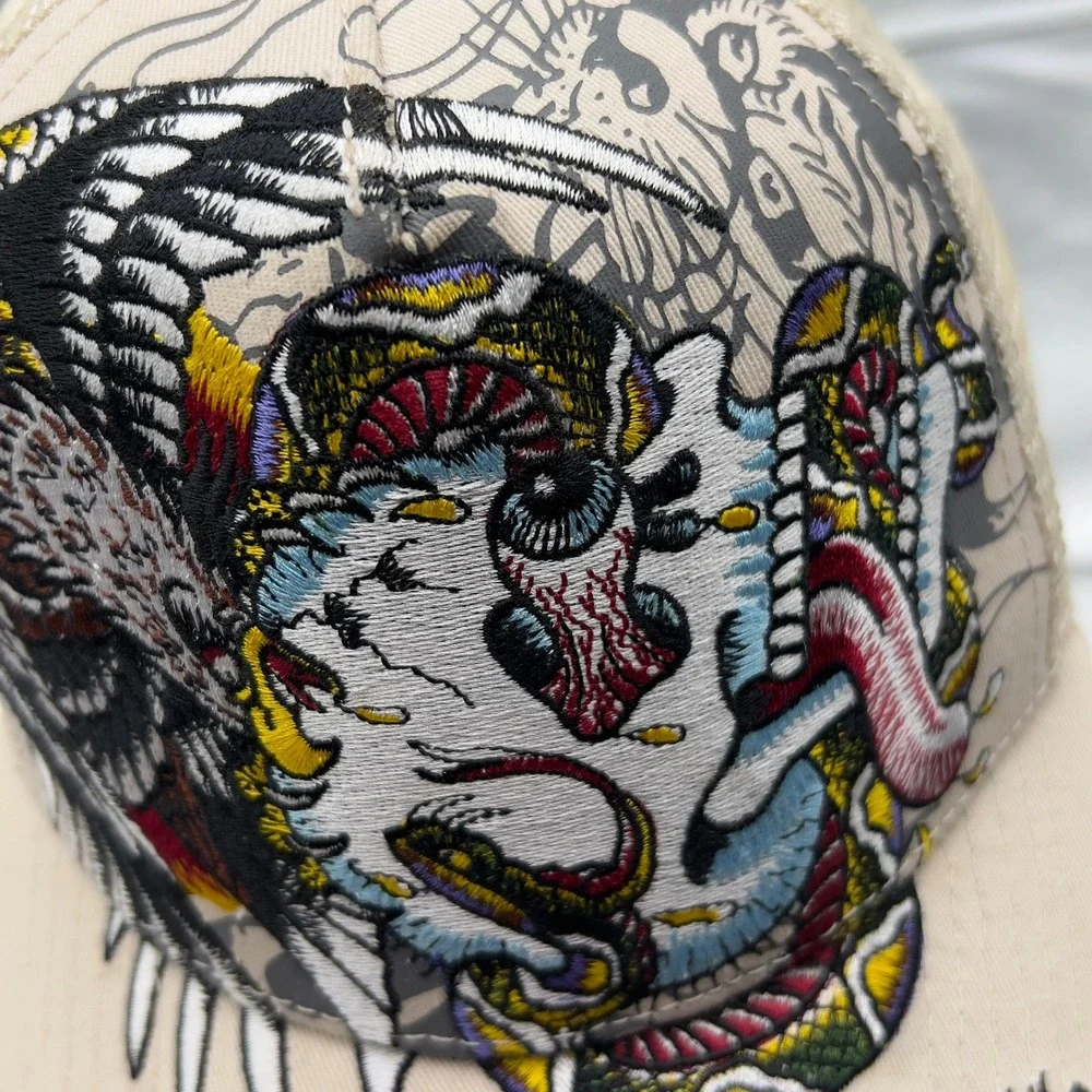 Ed Hardy Christian Audigier Eagle Skull Tattoo Trucker Hat Mesh Snapback Tan